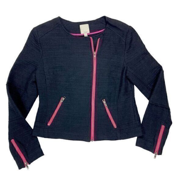 Halogen Knit Moto Jacket Womens Size Small Black Neon Pink Trim Zip Front Blazer - Picture 1 of 16